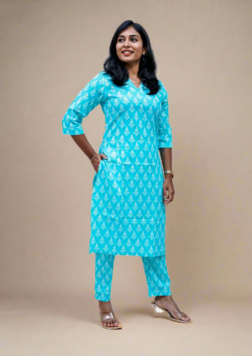 Cyan Blue Jaipur Cotton Co-ord Sets