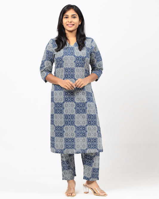 Gray and Blue Ajrakh Jaipur Cotton Co-ord Set