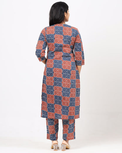 Red and Blue Ajrakh Jaipur Cotton Co-ord Set