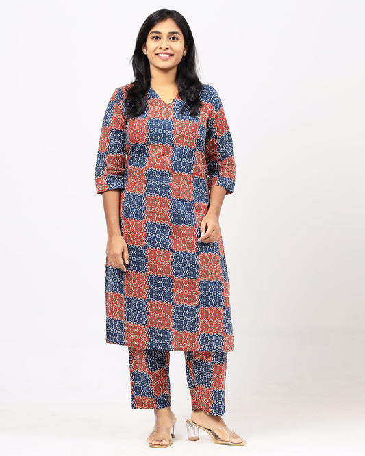 Red and Blue Ajrakh Jaipur Cotton Co-ord Set
