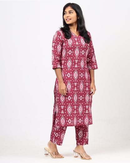 Berry Red Ikkat Jaipur Cotton Co-ord Sets