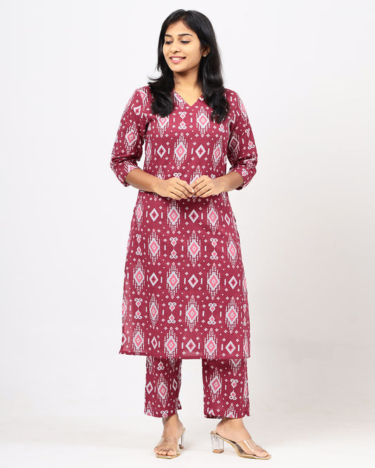Berry Red Ikkat Jaipur Cotton Co-ord Sets